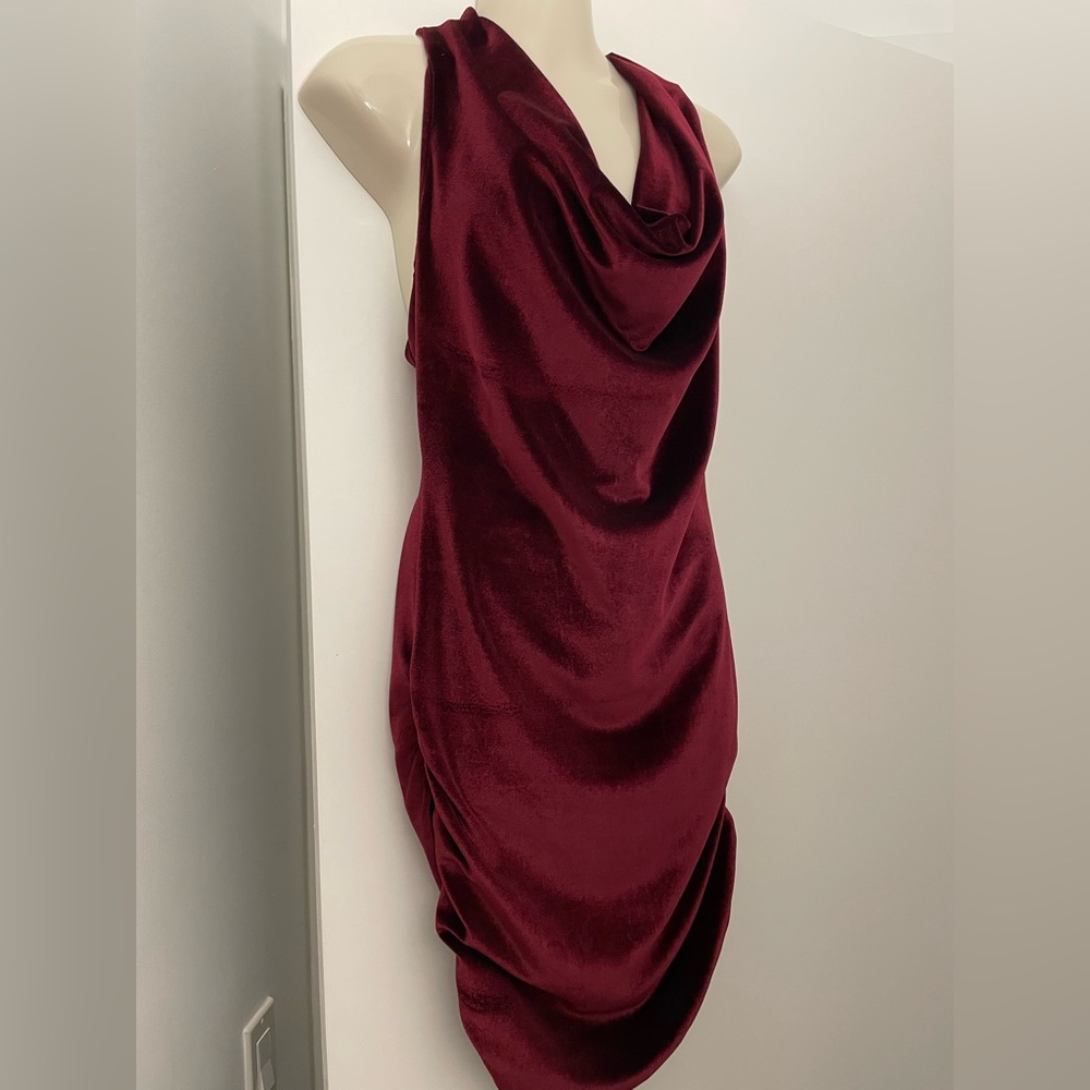 Deep burgundy stretch velvet ruched dress